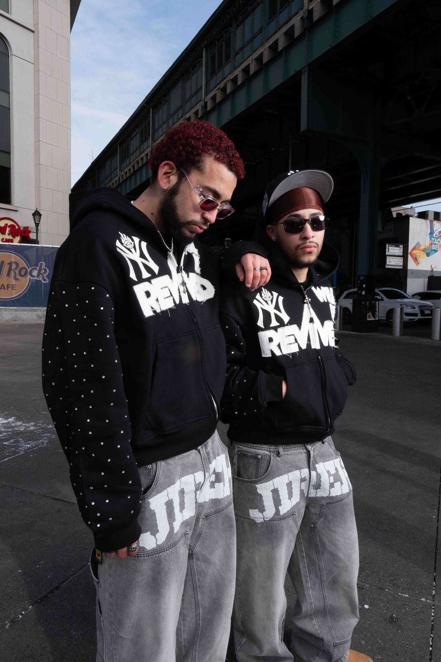 "NY REVIVED" Zip up Hoodie w/rhinestones (Black)