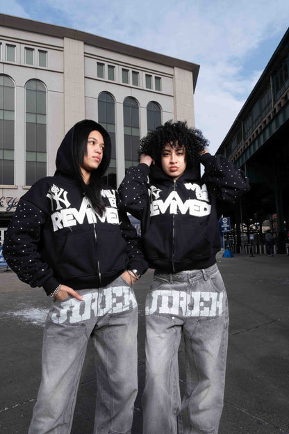 "NY REVIVED" Zip up Hoodie w/rhinestones (Black)