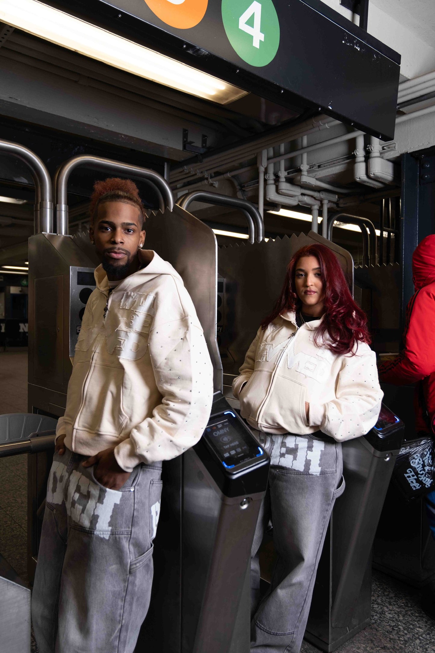 "NY REVIVED" Zip up Hoodie w/rhinestones (Beige)