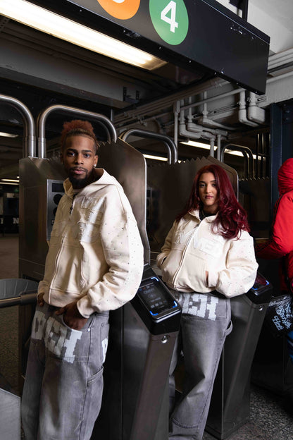 "NY REVIVED" Zip up Hoodie w/rhinestones (Beige)