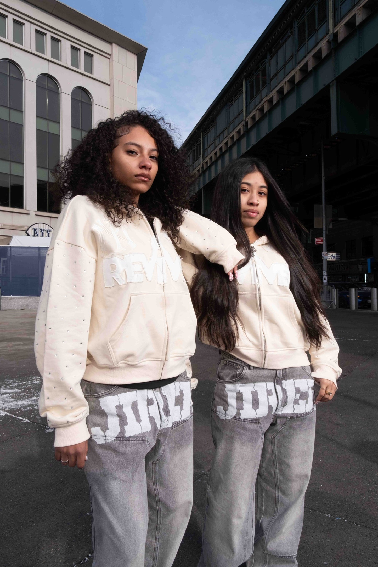 "NY REVIVED" Zip up Hoodie w/rhinestones (Beige)