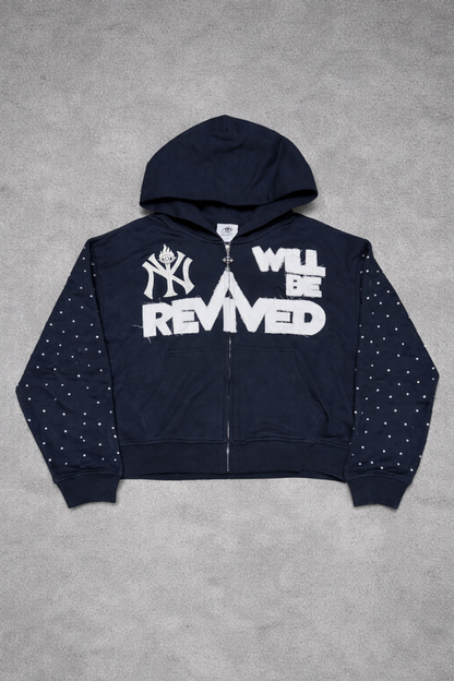"NY REVIVED" Zip up Hoodie w/rhinestones (Black)