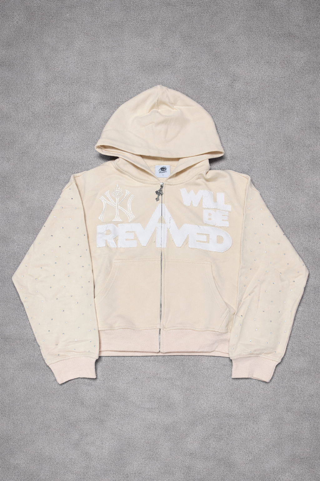 "NY REVIVED" Zip up Hoodie w/rhinestones (Beige)