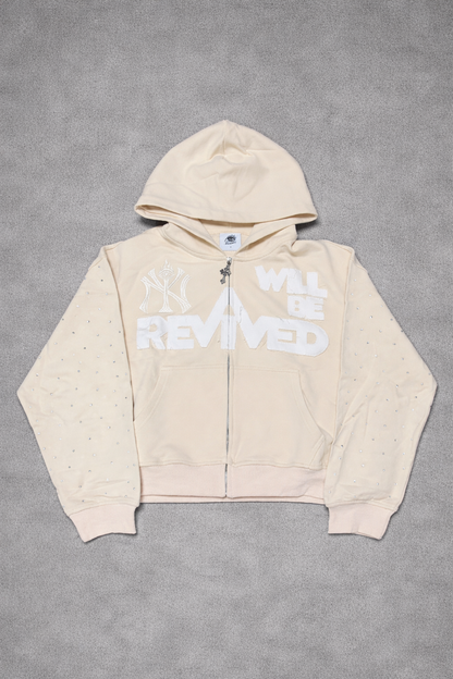 "NY REVIVED" Zip up Hoodie w/rhinestones (Beige)